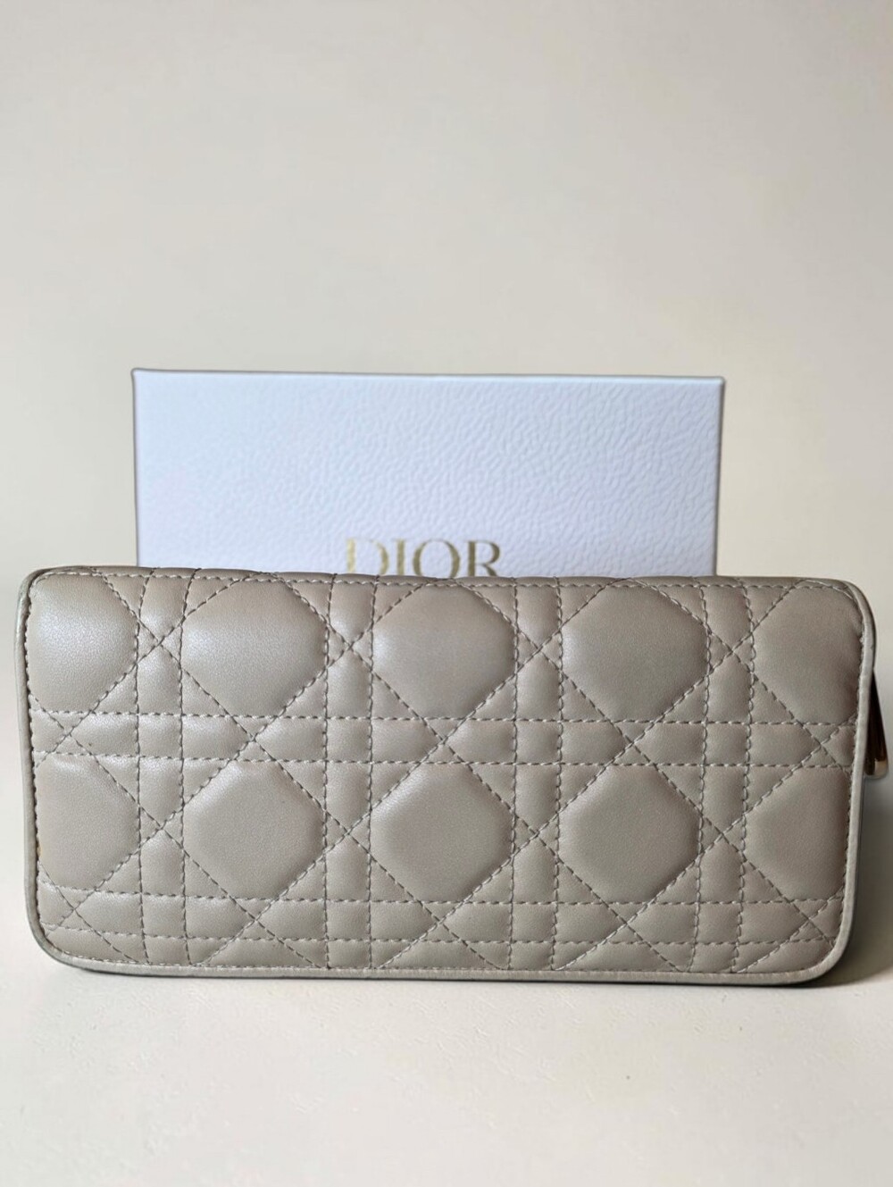 Dior Cannage Quilted Long Zip Wallet in Beige Gray Leather